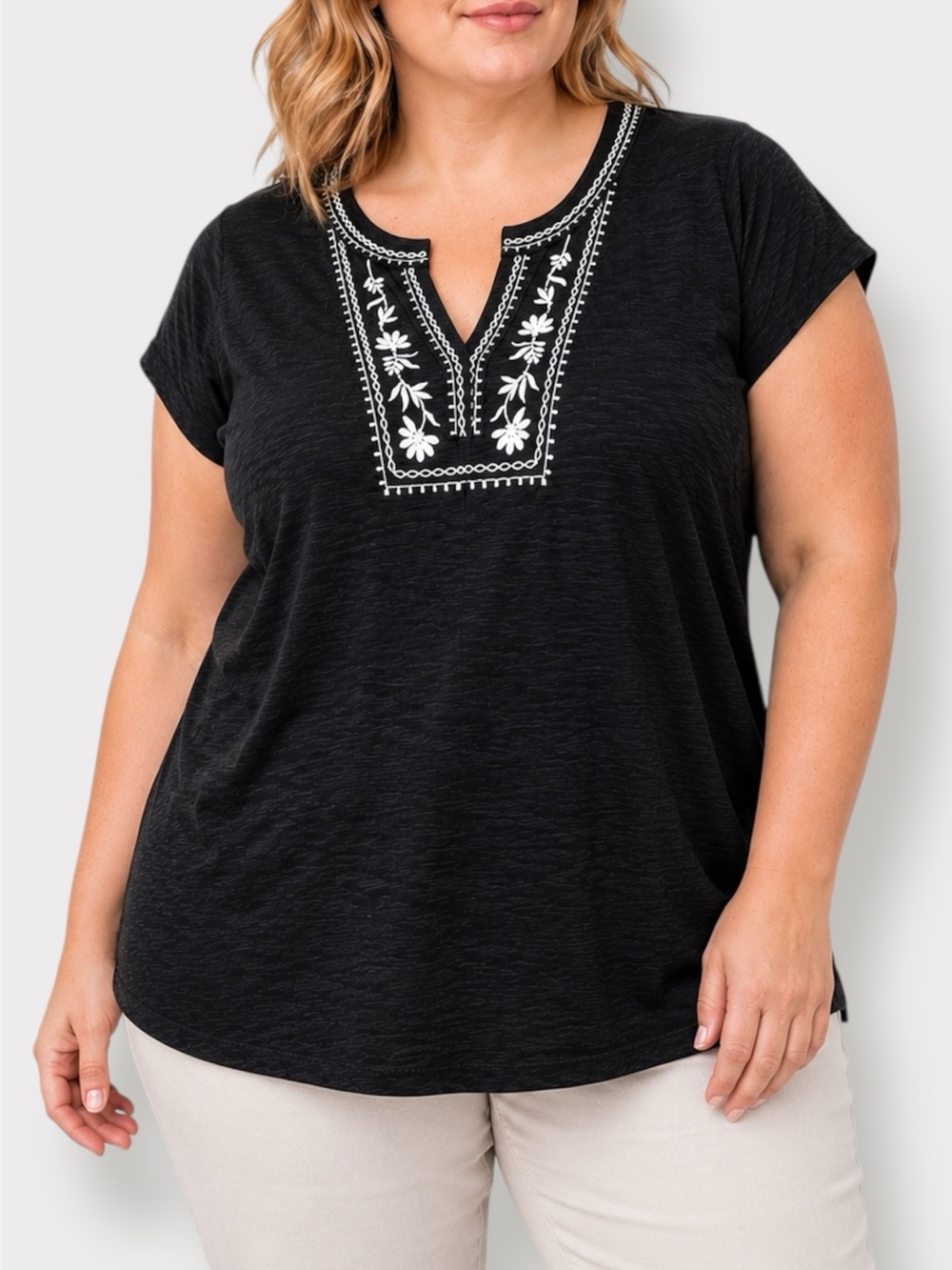 Talbots Black and White Slub Knit Embroidered Top XXL